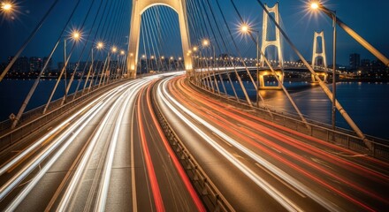 Nighttime highway traffic on a modern cable-stayed bridge over a river. City skyline in background. Long exposure creates streaks of light