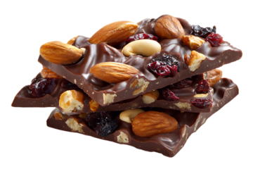 Stacked dark chocolate bars with almonds, cashews, and dried fruit on white on transparent background