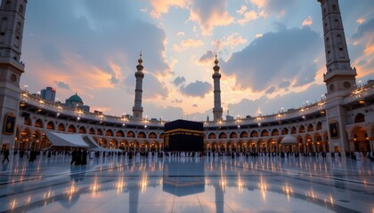 the majestic grand mosque in mecca, also known as masjid al haram, bathed in the soft glow of dusk