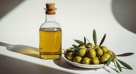 Olive oil in glass bottle with olives on a plate