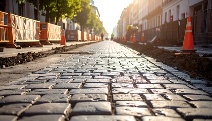 City street under construction, cobblestone paving