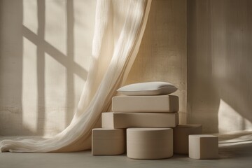 Beige blocks and a pillow in a sun-drenched room.