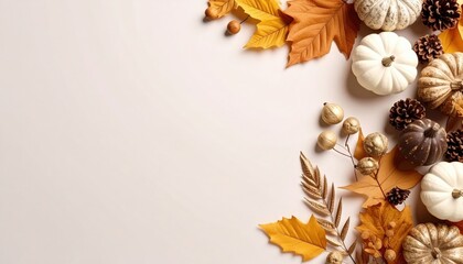 Fototapeta premium Autumn harvest celebration home decor decorative arrangement indoor overhead view seasonal aesthetics