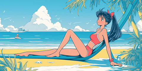 懐かしい色彩で描かれたアニメ風の海辺の風景に、はしゃぐ女性が登場するレトロイラスト｜昭和感・80年代・ビーチ・水しぶき・海と空・笑顔・サマーアイコンとして使える素材