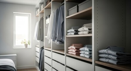 Organized walk-in closet with light gray cabinets, wooden shelves, and clothes