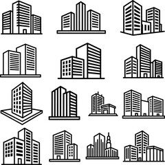A collection of minimalist black and white line art icons depicting various modern city buildings, skyscrapers, and office blocks for urban design projects.