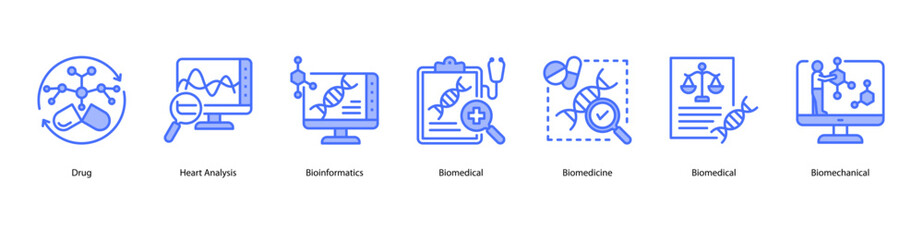 Biomedical innovation web banner icon vector illustration showing Drug, Heart Analysis, Bioinformatics, Biomedical, Biomedicine, Biomedical, and Biomechanical.