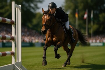 Male equestrian jumping over obstacle during competition on stadium field. Concept of equestrian sport, showjumping event, male athleticism, speed, control, summer games performance.
