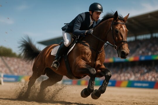 Male equestrian landing after jump on stadium sand during showjumping competition. Concept of equestrian sport, athletic performance, control, adrenaline, summer games action.