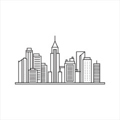 Obraz premium Cityscape skyline icon, urban architecture line art. Vector illustration of modern city buildings outline, metropolis silhouette.