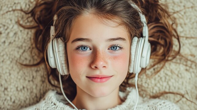 Close-up portrait of happy young girl with headphones, enjoying music on cozy carpet - Powered by Adobe