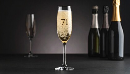 Glass of sparkling champagne with number 71 for 71st anniversary or birthday party