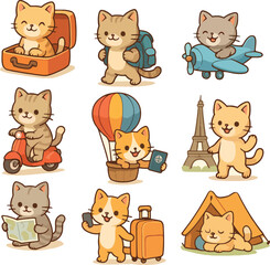 A collection of 15 adorable cartoon cat icons in kawaii style. Perfect for stickers, children's products, mobile apps, or cute animal-themed prints. Clean vector design suitable for commercial use.