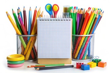 school supplies on white background