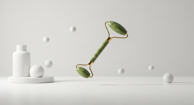 Jade roller floating above minimalist skincare products on a clean surface
