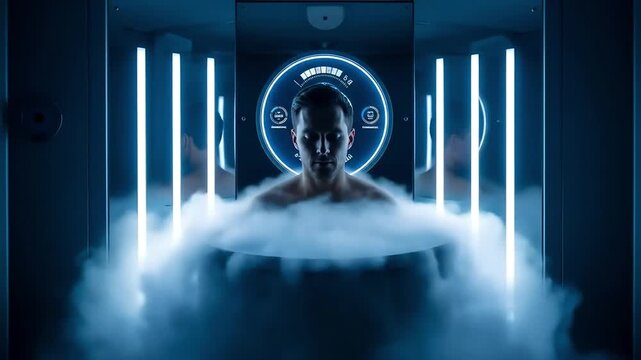 Man in Futuristic Cryotherapy Chamber Surrounded by Swirling Cold Vapor and Blue Neon Lights