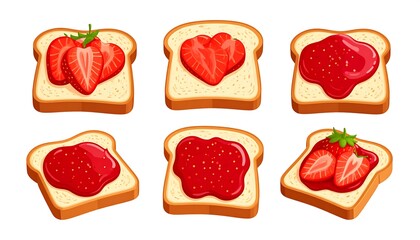 Fototapeta premium Six slices of bread with strawberry jam and fruit
