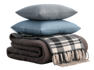 Cozy home decor pillows and blankets for comfort living room. Isolated on transparent background, png.