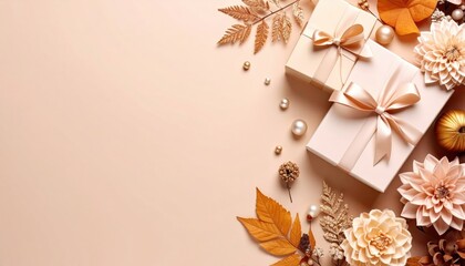 Gift giving celebration autumn theme decorative arrangement warm environment overhead view festive concept for memorable moments