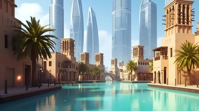 Serene Canal Journey Through Traditional Arabic Town with a Futuristic Skyscraper Skyline