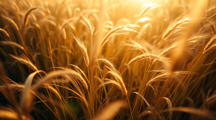 Golden fields glowing warmly in the golden hour sunlight with layers of soft wheat and a peaceful, dreamy atmosphere