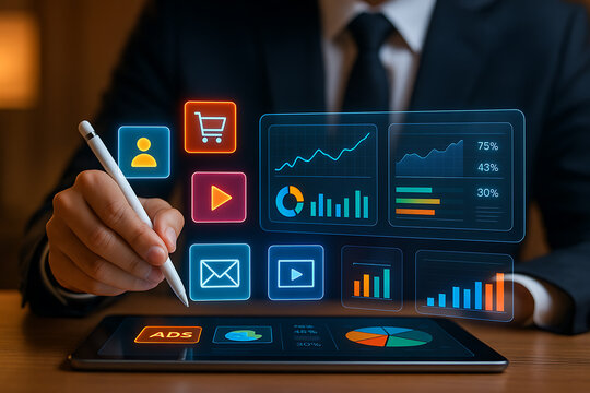 Businessman analyzing quality and cost growth with digital arrows, business improvement, performance, and financial strategy