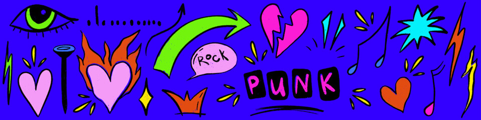 Doodle punk rock scribble set with heart, eye and crown. Sketch scribble doodle y2k punk element. Crayon vector hand drawn.