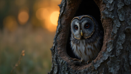 Owl in tree hollow at dusk. Ultra realistic owl imagery. Nature photography of owls. Beautiful evening scenes with owls.