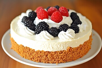 A creamy, no-bake cheesecake adorned with a crown of fresh blackberries and raspberries, rests on a crisp, golden graham cracker crust and a white plate
