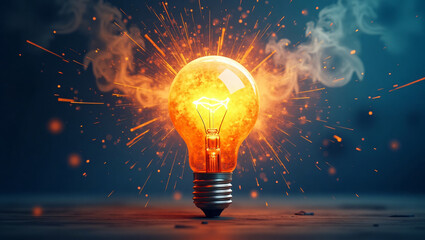 Exploding Bright Idea - A Dazzling Lightbulb Moment of Innovation, Creativity, and Breakthrough, Illuminated by Fiery Sparks and Smoke on a Dark Background