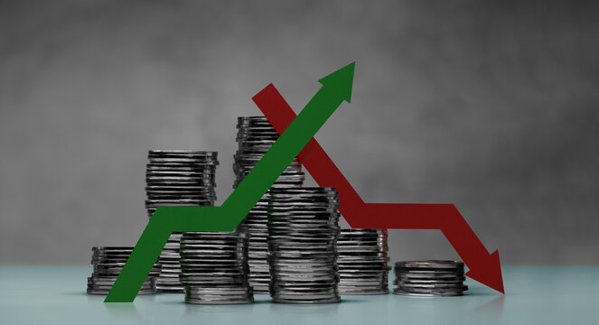 Coins Stacked with intersecting red green arrows represent financial volatility. Economic instability and investment risks influenced by global economic challenges