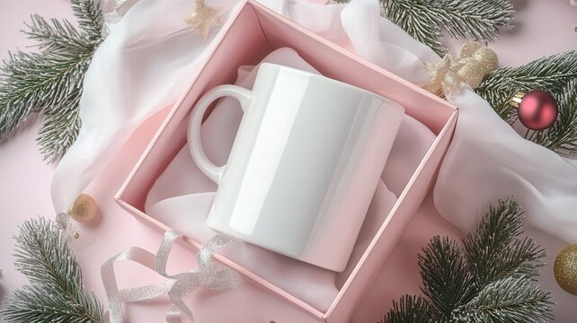 Winter holiday setup featuring white ceramic mug nestled in festive gift box, surrounded by decorations on soft pink backdrop