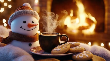 Steaming cup of hot chocolate and sit of christmas cookies plate next to a smiling snowman in front of a cozy fireplace