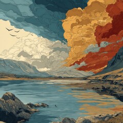 Colorful landscape painting of lake and mountains under dramatic sky