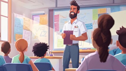 Animated classroom scene, teacher at whiteboard, students listening attentively - Powered by Adobe
