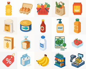 Cartoon Color Various Grocery Items and Daily Needs Flat Icon Set