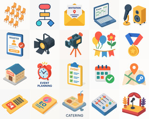 Colorful Detailed Isometric Event Management and Planning Icon Set