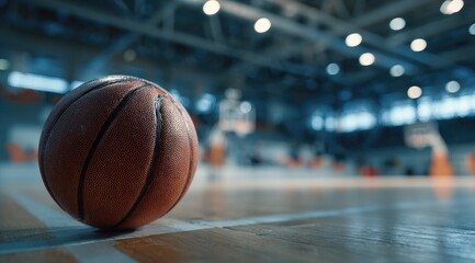 Close-up of a worn basketball resting on a polished court, with a blurred indoor arena background suggesting a game or practice