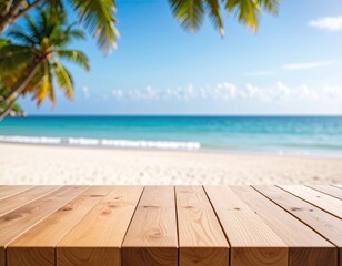 Fototapeta premium Wooden table on tropical beach