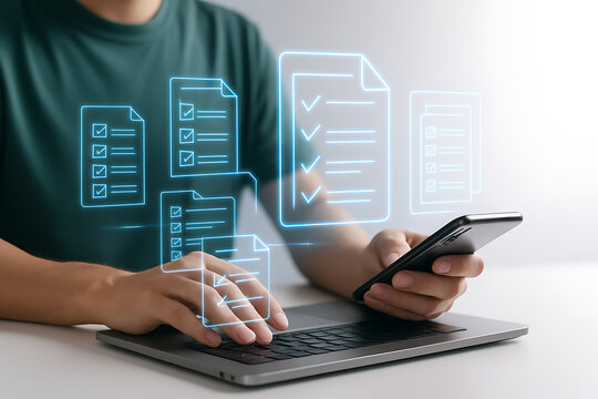 Digital checklist icons with man working on laptop and phone, multitasking, workflow, and modern business technology