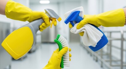 Cleaning tools held by gloved hands in a sterile, bright kitchen area