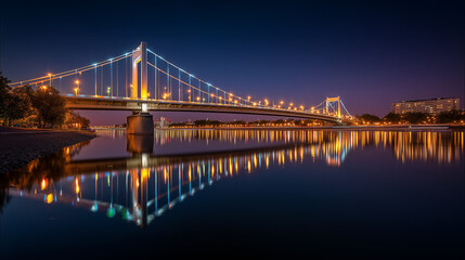 Obraz premium Suspension Bridge Illuminated at Night with Reflection