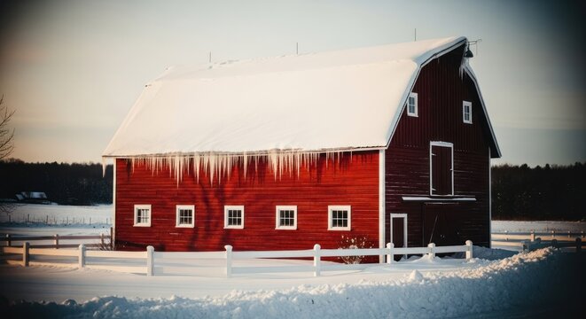 Red barn in snowy landscape at sunrise