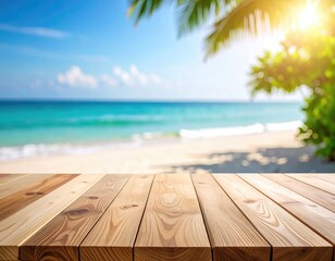 Fototapeta premium Wooden table on beach scene