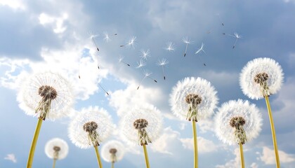 Fluffy dandelion seeds against a partly cloudy sky