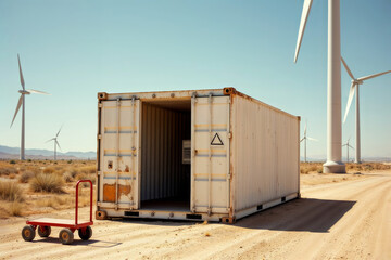 Wind power battery storage. A shipping container battery storage unit for renewable wind turbine energy in a remote desert. Off-grid power grid solution.