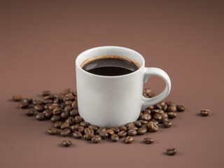 Fototapeta premium A white mug filled with black coffee surrounded by roasted coffee beans on a brown background surface