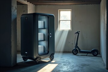 Mobile battery delivery robot. A futuristic autonomous mobile energy storage unit or delivery robot in a basement next to an electric scooter.
