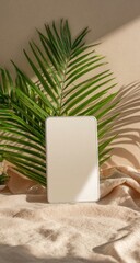 Blank tablet, tropical leaves, beige backdrop
