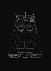 Armored troop carrier in detailed black and white wireframe illustration, featuring tracks, turret, and precise mechanical outlines. The stark black background emphasizes the vehicle's robust design.